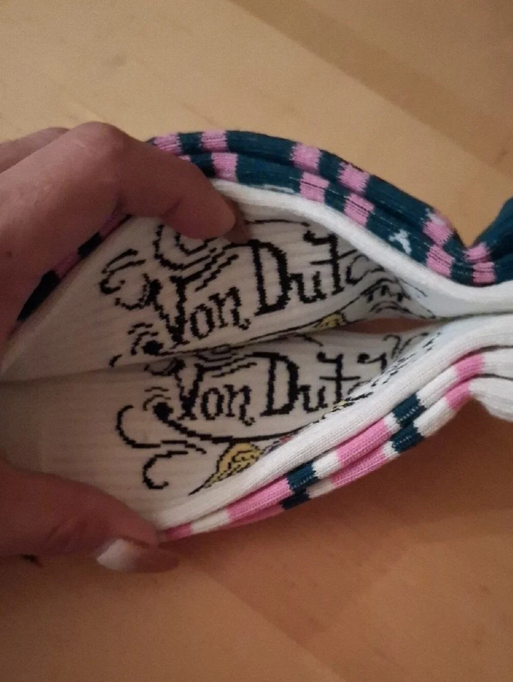 Von Dutch Black & Pink Striped Crew Socks with White Accents
